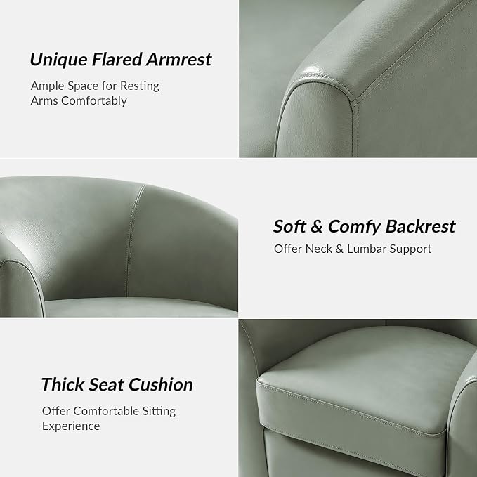 HULALA HOME Genuine Leather Swivel Barrel Chair, Round Swivel Accent Chair with Solid Wood Base, No Assembly Required, Sage