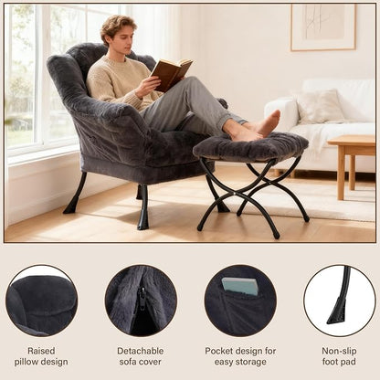 Welnow Lazy Chair with Ottoman, Modern Accent Chair with Armrests and a Side Pocket, Leisure Sofa Armchair, Reading Armchair with Footrest for Small Space, Plush Navy