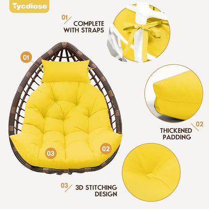Outdoor Hanging Egg Chair Cushion Replacement, Thicken Egg Chair Cushion Waterproof Basket Eggs Chairs Cushion with Headrest Pillow, U-Shaped Cushions for Hanging Eggs Chairs Swing (Yellow)