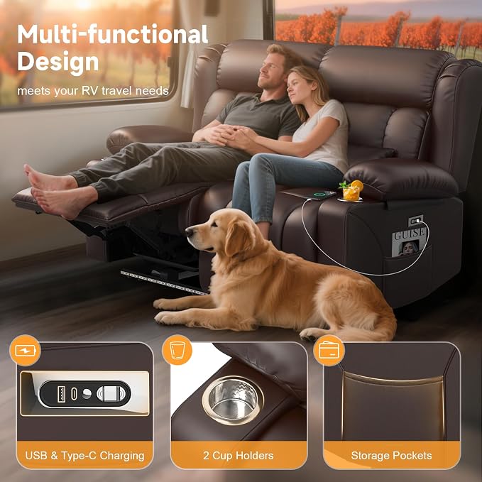 Power RV Loveseat Recliner Sofa, Electric Reclining Loveseat RV Couch with USB & Type-C Ports, Zero Wall Hugger RV Furniture with Storage & LED Light for Travel Trailers Home Theater Seating