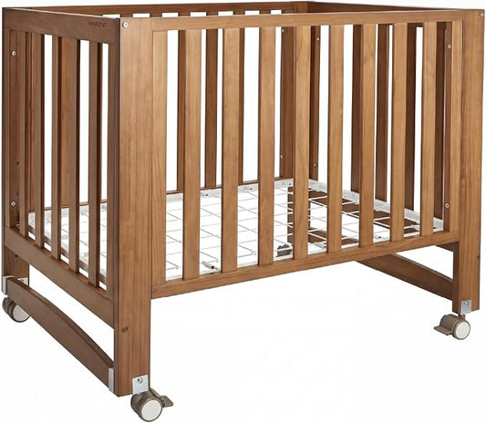 MAMAZING EvoNest 6-in-1 Convertible Baby Mini Crib with Wheels, GREENGUARD Gold Certified, 4 Adjustable Mattress Heights, 100% New Zealand Pine Wood, Portable Crib for Small Spaces, Walnut Brown