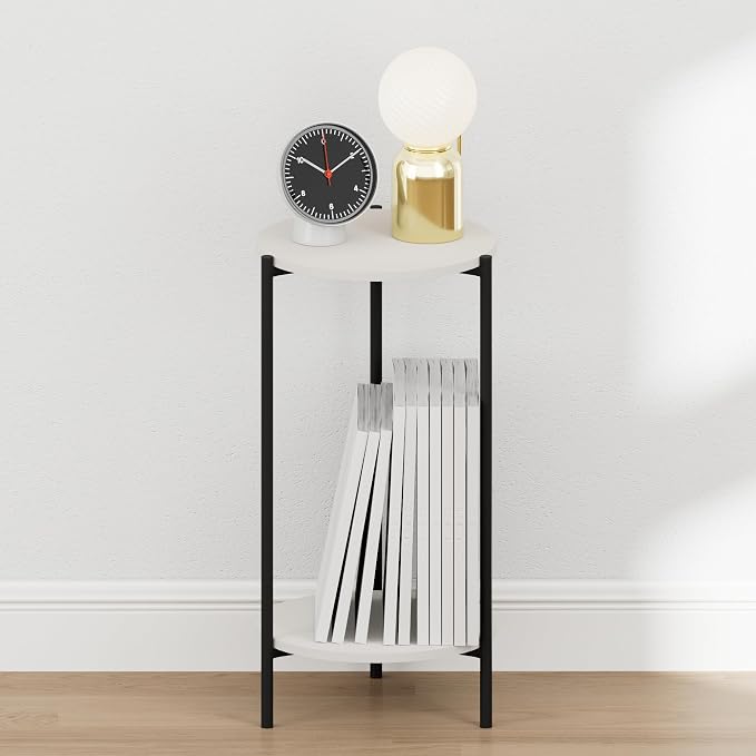 Furinno BESI Night Stand, 2-Tier Tall Round Nightstand with Metal Legs, Metal Frame Narrow End Table with Open Shelf, Side Table, Bedside Table, for Bedroom, Closet, Dorm, White