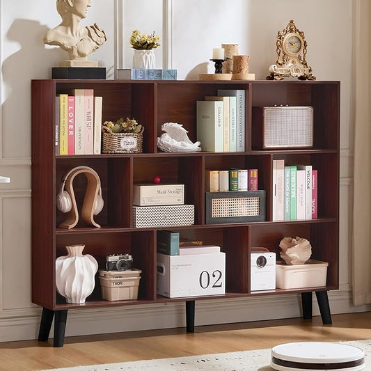 LEYAOYAO 10 Cube Bookshelf, 3 Tier Vintage 55" Wide Bookcase with Legs, Mid-Century Wood Bookshelves Storage, Walnut Large Book Case, Freestanding Organizer Display Shelf for Living Room, Office