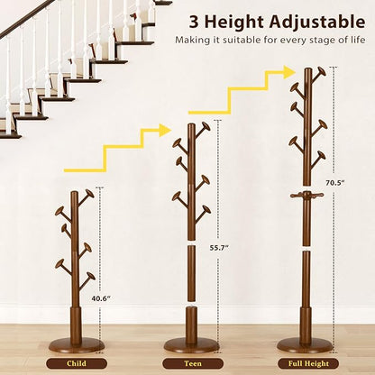 Taitiy Solid Wood Coat Rack Freestanding Coat Tree with 10 Hooks for Bedroom, Livingroom, Entryway, Sturdy Coat Hanger Stand for Hats, Coats, Scarves, Handbags, Purses