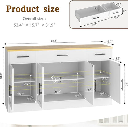Vongrasig Buffet Cabinet with Storage, Farmhouse Coffee Bar Cabinet with Drawers, 53” Large Modern Sideboard Buffet with Adjustable Shelves for Kitchen, Dining Room, White