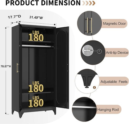Metal Wardrobe Cabinets,Black Armoire Wardrobe Closet with Hanging Rod,Clothes Storage Cabinet with Adjustable Shelves and Doors,Clothing Cabinet for Bedroom, Office, Laundry Room