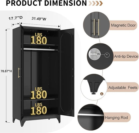 Metal Wardrobe Cabinets,Black Armoire Wardrobe Closet with Hanging Rod,Clothes Storage Cabinet with Adjustable Shelves and Doors,Clothing Cabinet for Bedroom, Office, Laundry Room
