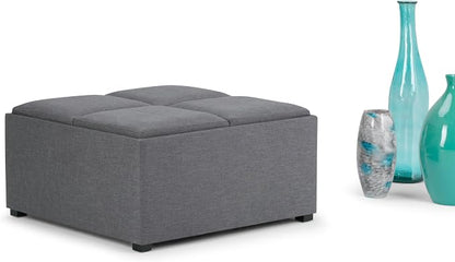 SIMPLIHOME Avalon Wide Contemporary Square Coffee Table Storage Ottoman, Slate Grey, Table Ottoman