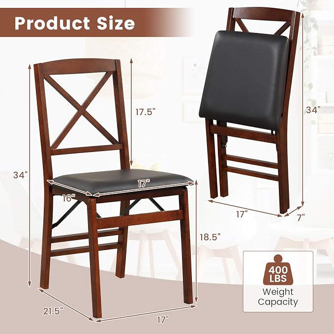 Giantex Folding Dining Chairs Set of 4, Foldable Wood Kitchen Chairs with Padded Seat, Solid Wood Frame, Max Load 400 Lbs, No Assembly Easy to Store Wooden Dining Chairs for Apartment, Small Space