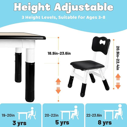 FUNLIO Kids Table and 4 Chairs Set, Height Adjustable Toddler Table and Chair Set for Ages 3-8, Easy to Wipe Arts & Crafts Table, for Classrooms/Daycares/Homes, CPC & CE Approved (5-Piece Set) - Black