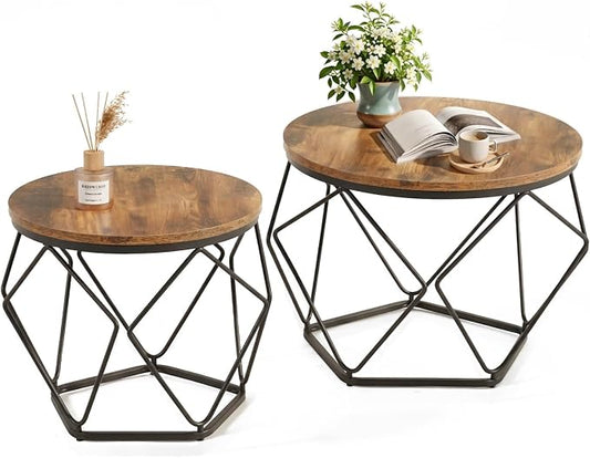 DUMOS Modern Geometric 2Pack Coffee Table, Round Nesting Side Tables with Hidden Storage, Movable End Tables for Living Room Decor & Practical Use Brown