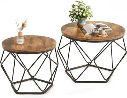 DUMOS Modern Geometric Coffee Table Set of 2, Round Nesting Side Tables with Hidden Storage, Movable End Tables for Living Room Office Decor & Practical Use Brown