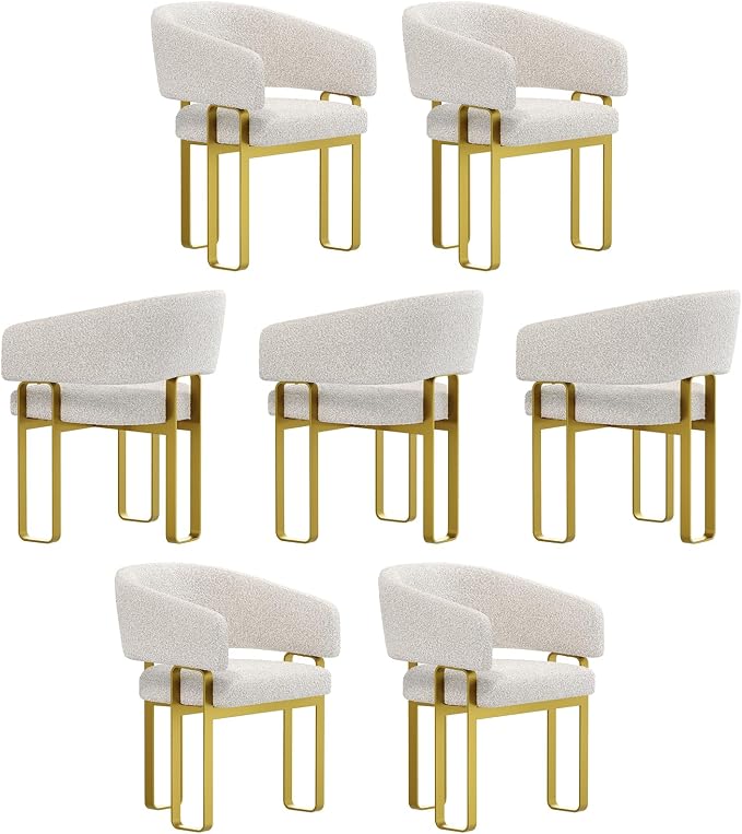 Off White Boucle Dining Chair, Barrel Upholstered Kitchen & Dining Room Chairs with Armrest, U-Shaped Brushed Gold Metal Legs(Set of 7)