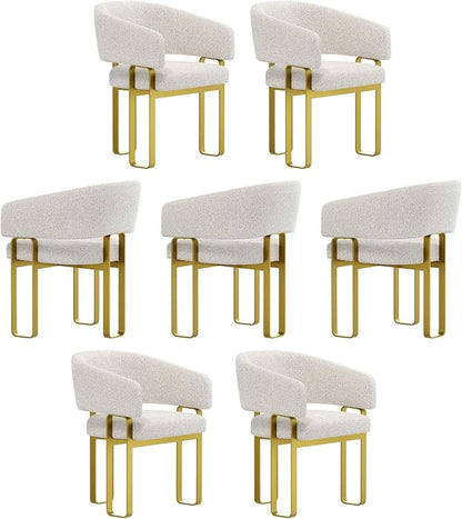 Off White Boucle Dining Chair, Barrel Upholstered Kitchen & Dining Room Chairs with Armrest, U-Shaped Brushed Gold Metal Legs(Set of 7)
