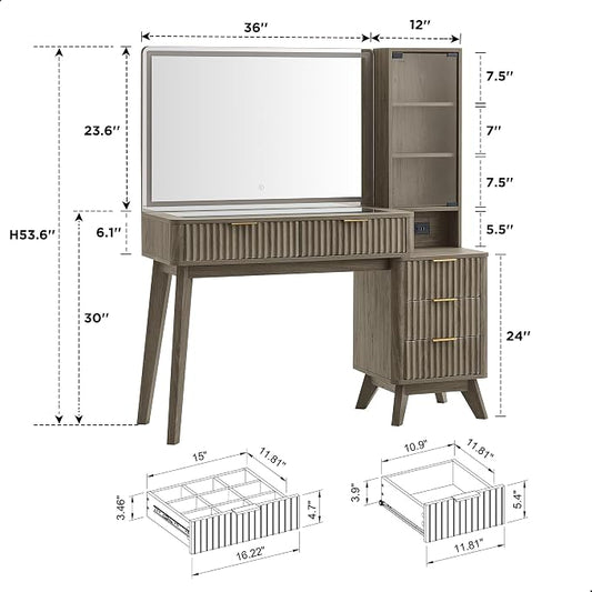 T4TREAM 48" Fluted Makeup Vanity Desk with Large 36" Mirror and Lights, Modern Glass Top Big Vanity Table w/5 Drawers & Adjustable Shelves, Dressing Table w/Charging Station for Bedroom, Brown Alder