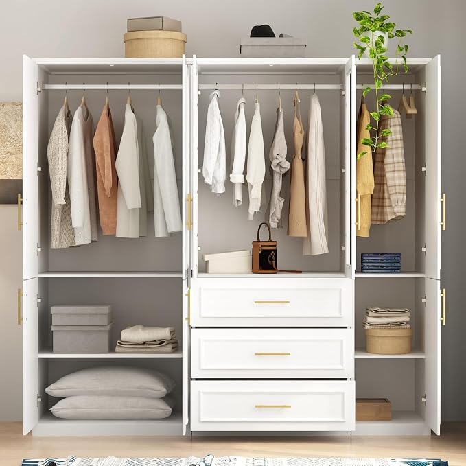 WOODTIME Wardrobe Closet with 3 Hanging Rods, 8 Framed Doors & 3 Drawers, Modern Wooden Armoire with Glass Doors & 7 Shelves, Clothes Storage Cabinet Organizer for Bedroom, White
