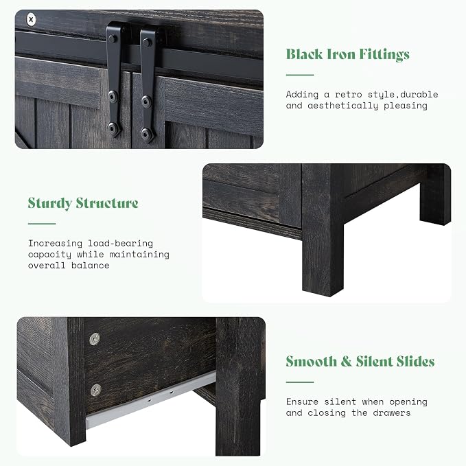 AMERLIFE 5-Piece Farmhouse Bedroom Furniture Set, Dresser & Nightstand Set of 2 with Storage Cabinet & Sideboard, Sliding Barn Door Wood Bedroom Set for Bedroom/Living Room, Black Oak