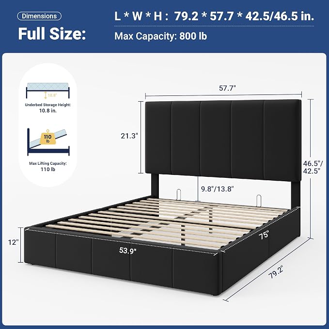 Allewie Full Size Velvet Lift Up Storage Bed Frame, Vertical Channel Tufted Headboard, Hydrualic Underneath Storage, Upholstered Platform Bed, Wooden Slats Support, No Box Spring Needed, Black