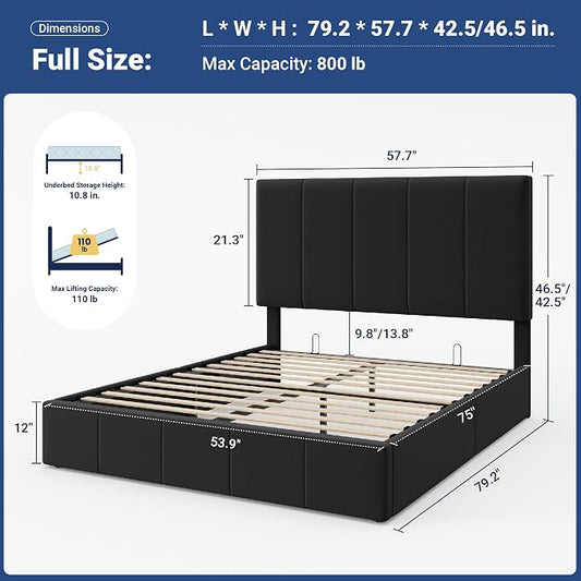 Allewie Full Size Velvet Lift Up Storage Bed Frame, Vertical Channel Tufted Headboard, Hydrualic Underneath Storage, Upholstered Platform Bed, Wooden Slats Support, No Box Spring Needed, Black