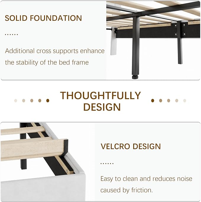 VECELO Queen Size Bed Frame with Diamond Tufted Headboard, Upholstered Platform Bedframe with Wood Slat Support, No Box Spring Needed, Velvet & White