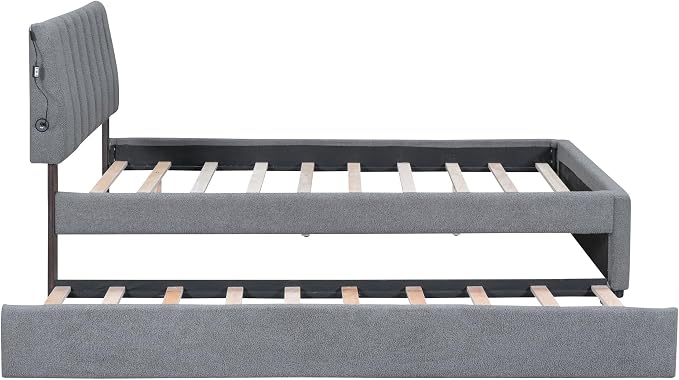 Bellemave Full Bed Frame with Trundle and LED Lights,Teddy Fleece Upholstered Platform Bed Frame with USB,Full Size Trundle Bed with Headboard for Kids Teens Adults,Gray