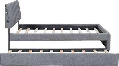 Bellemave Full Bed Frame with Trundle and LED Lights,Teddy Fleece Upholstered Platform Bed Frame with USB,Full Size Trundle Bed with Headboard for Kids Teens Adults,Gray