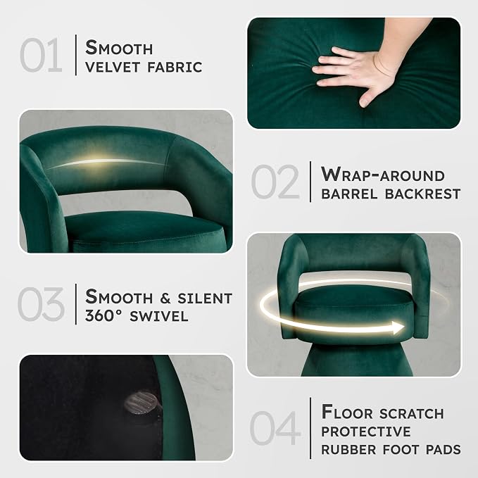 Lexicon 360 Degree Swivel Accent Chair, Modern Comfy Velvet Round Barrel Chair, Open Back, Plush Foam Cushions, Metal Swivel Base for Living Room/Bedroom/Office/Small Spaces, Green