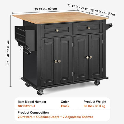 VEVOR Kitchen Island Cart, 35" Wood Top Mobile Carts with Storage Cabinet, Rolling Table with Drop Leaf, Spice Rack, Towel Bar, Adjustable Shelf, Drawer, and Hooks, Portable Islands on Wheels, Black