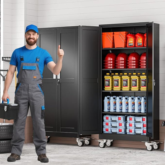 71" Metal Garage Storage Cabinet with Wheels and Locking Doors and Tall Rolling Steel Tool Cabinet with 4 Adjustable Shelves for Garage,Home,Office,Shop (Black, 71''H x 30''W x15''D)