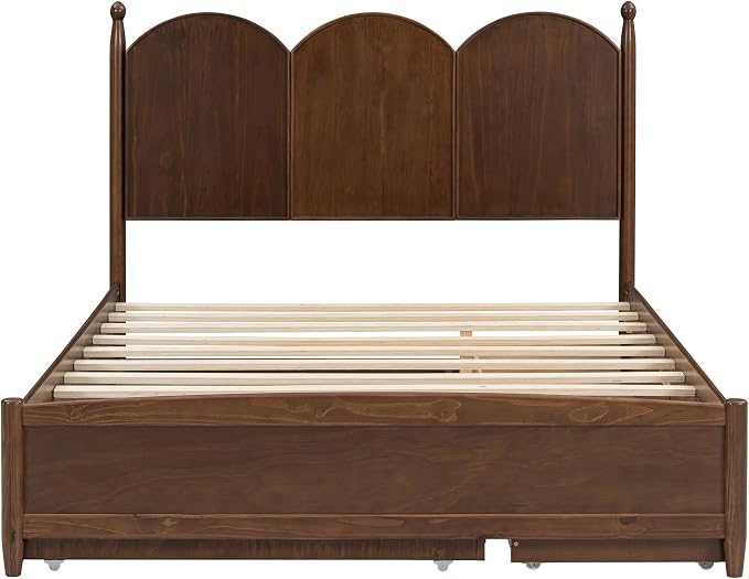 Merax Queen Size Platform Bed with 2 Storage Drawers and Twin XL Size Trundle, Rustic Design Wooden Bed Frame, Walnut
