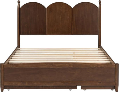 Merax Queen Size Platform Bed with 2 Storage Drawers and Twin XL Size Trundle, Rustic Design Wooden Bed Frame, Walnut