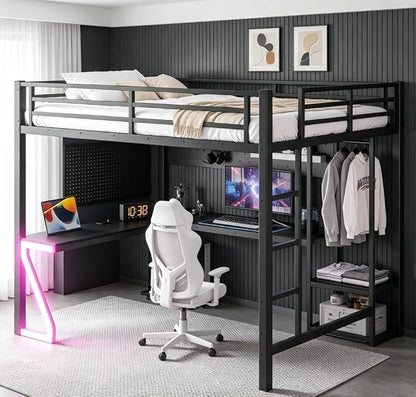Bellemave Queen Size Loft Bed with Desk and USB Ports, Computer Tray, Peg Board LED, Metal Full Loft Bed Frame for Adults, Kids, Teens, Black
