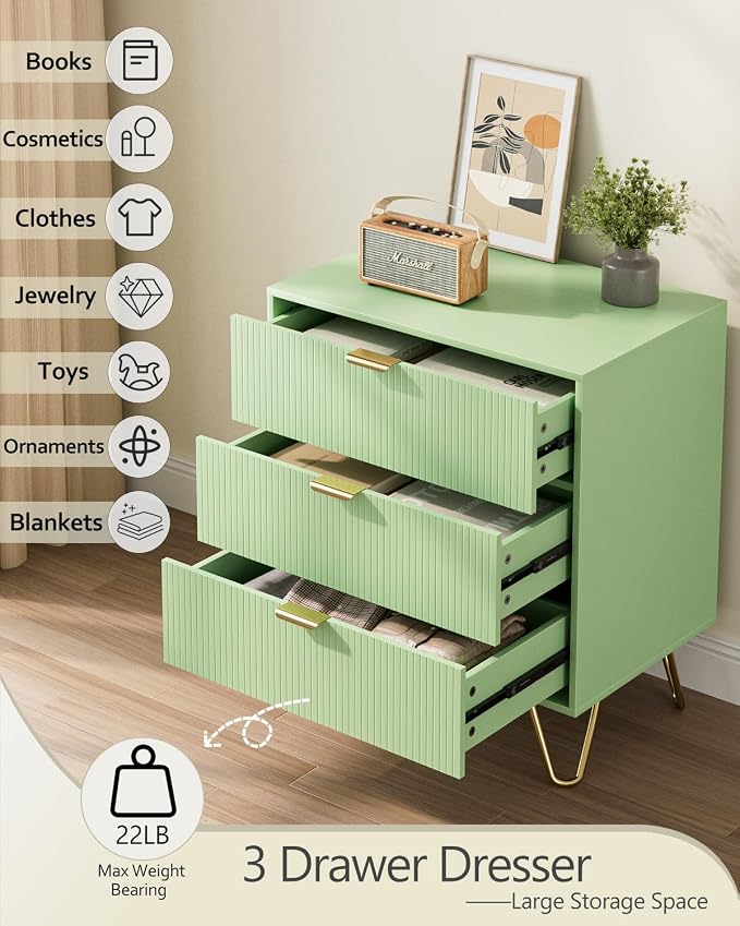Green Dresser for Bedroom, Modern Fluted 3 Drawer Dresser with Storage, Dresser Chest of Drawers with Gold Handles for Bedroom, Living Room, Closet, Hallway, 15.8" D x 23.6" W x 27.6" H
