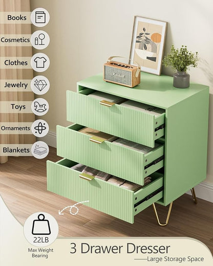 Green Dresser for Bedroom, Modern Fluted 3 Drawer Dresser with Storage, Dresser Chest of Drawers with Gold Handles for Bedroom, Living Room, Closet, Hallway, 15.8" D x 23.6" W x 27.6" H