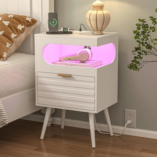 Veegle Nightstand,Modern Bedside Table with Storage Drawer and Open Wood Shelf, Accent Night Stand with Solid Wood Legs for Living Room, Bedroom and Small Spaces,Easy Assembly (White-1)