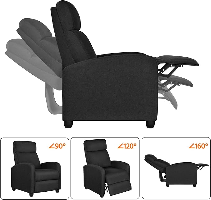 Topeakmart Fabric Recliner Sofa Push Back Recliner Chair Adjustable Modern Single Reclining Chair Upholstered Sofa with Pocket Spring Living Room Bedroom Home Theater Matte Black