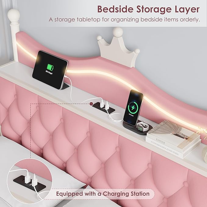 Keyluv Queen Size Upholstered LED Canopy Bed Frame with Charging Station and Drawer, Button Tufted Crown Headboard with Storage Shelf, Two-Purpose Removable Four Poster Design Platform Bed, Pink