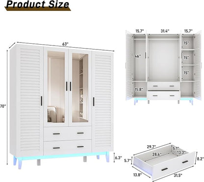 jiteentarou 4 Door Armoire Wardrobe Closet Cabinet with Drawers and LED Lights, Multi-Tier Shelves, Hanging Rod & 4 Louver Doors, Large Capacity Storage Wardrobe Armoire for Bedroom(4 Doors White) | 4 Door