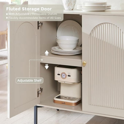 IFGET Modern Buffet Cabinet with Storage, 92.63" W Fluted Arched Sideboard Cabinet w/Adjustable Shelves, Wooden Modular Coffee Bar for Dining Room, Kitchen, Living Room, Entryway, Cream