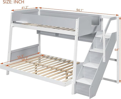 Wood Bunk Bed Twin Over Full with Staircase and Side Shelves | Striped-Design Staircase, Built-In Light Strip, Space-Saving Design, Kids Teens Adults, Versatile Bed Frame