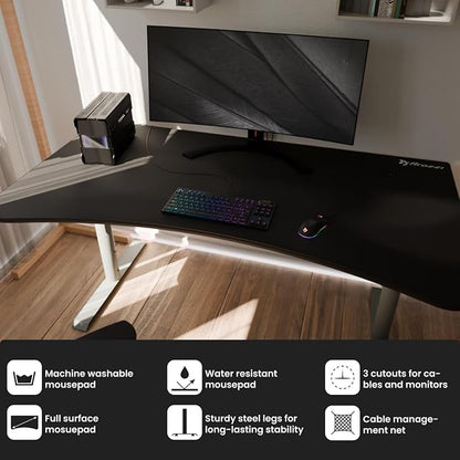 Arozzi Arena Ultrawide Curved Gaming and Office Desk with Full Surface Water Resistant Desk Mat with 3 Custom Monitor Mount Cut Outs and Under The Desk Cable Management Netting - Frozen Grey