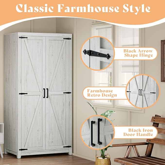 LUXOAK 70" Large Armoire Wardrobe Closet with Hanging Rod, Farmhouse Clothing Storage Cabinet with 2 Barn Doors, Wooden Tall Bedroom Armoires with Shelf, Distressed White