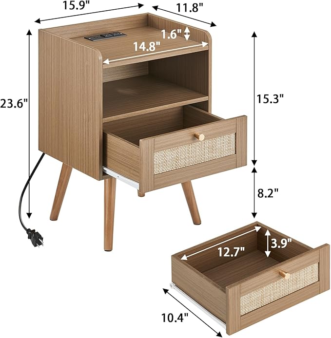 MECHYIN Night Stand Set 2, Nightstands Set of 2 with Charging Station, Rattan Side Tables with Solid Wood Legs, Boho Bedside End Table for Apartment Bedroom Dorm Small Space