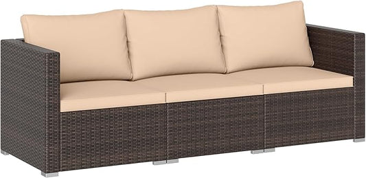 Tangkula 3 Seat Outdoor Wicker Sofa Set, Modular PE Rattan Patio Cushioned Sectional Couch Set, Outside Furniture Set for Deck, Backyard, Porch, Garden & Poolside (Brown-Beige)