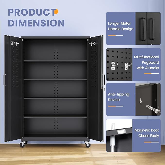 Metal Garage Storage Cabinet with Locking Doors and Adjustable Shelves, Wide & Deep Garage Cabinet on Wheels, 71" Rolling Tool Cabinet for Garage, Basement, Home Office