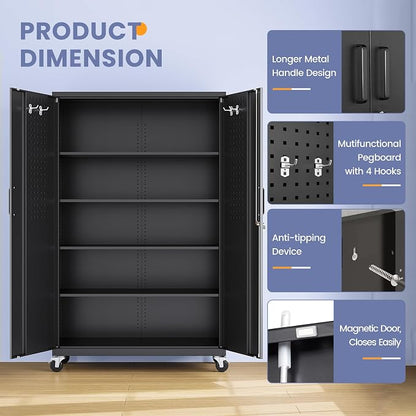 Metal Garage Storage Cabinet with Locking Doors and Adjustable Shelves, Wide & Deep Garage Cabinet on Wheels, 71" Rolling Tool Cabinet for Garage, Basement, Home Office