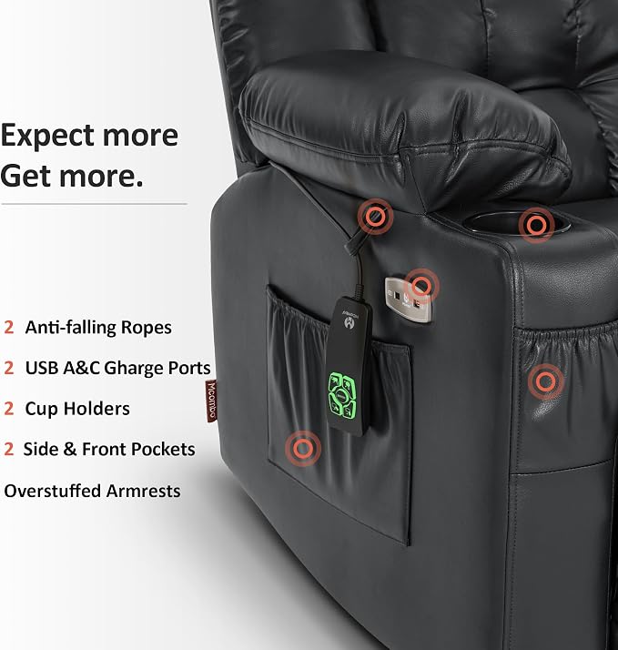 MCombo Small Dual Motor Power Lift Recliner Chair for Petite Elderly, Zero Gravity Lift Chair with Heat and Massage, Infinite Position Lay Flat Recliner, USB Ports, Faux Leather 7893 (Black, Small)