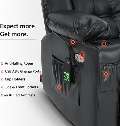 MCombo Small Dual Motor Power Lift Recliner Chair for Petite Elderly, Zero Gravity Lift Chair with Heat and Massage, Infinite Position Lay Flat Recliner, USB Ports, Faux Leather 7893 (Black, Small)