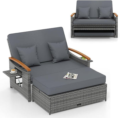 LDAILY Moccha Outdoor Wicker Daybed, Patio Rattan Loveseat Sofa w/ 4-Level Adjustable Backrest, Folding Panels, Storage Ottoman & Cushions, Lounge Furniture Set for Poolside Backyard Porch (Grey)