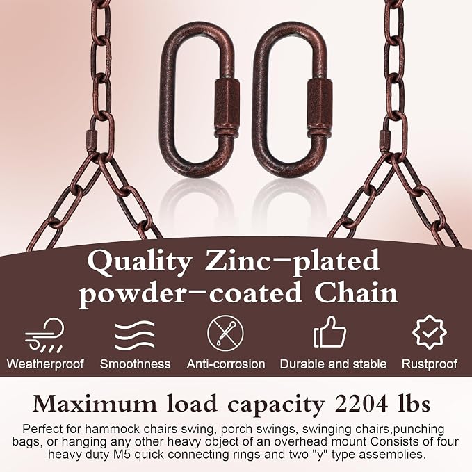 Heavy Duty Porch Swing Hanging Chain Kit (2 Pack) 1500 Lbs Capacity, Up to 7.1ft Length- Rustproof Zinc-Plated, 4 Quick Links & 2 Y-Chain Assemblies, Indoor/Outdoor Hanging Hardware(Bronze)